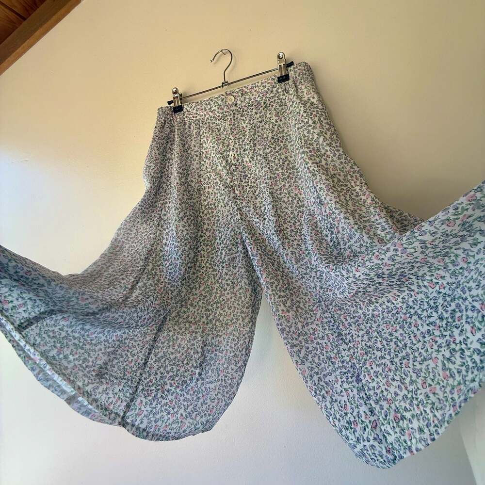 Vintage High Waisted Floral Wide Leg Culotte Gaucho Cropped Capri Pants